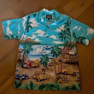 Hawaiian Reserve Collection Aloha Shirt Mens L woody cars surfboards Palms Beach